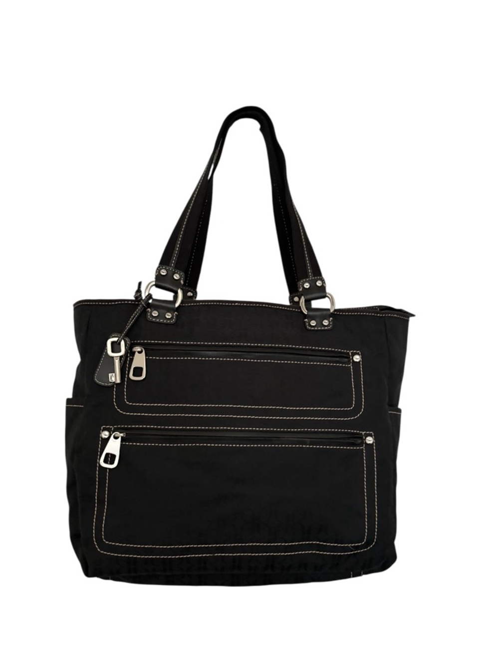Vintage Fossil Blackburn Signature Black Jacquard & Leather Tote With Key Charm